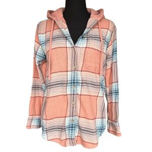 American Eagle pink & blue hooded flannel • oversized